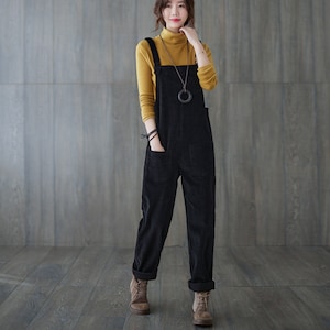 Plus Size Corduroy Overalls Women, Retro Black Overalls, Spring Fall Wide Leg Corduroy Overalls, Causal Corduroy jumpsuit, Harem Pants C1819