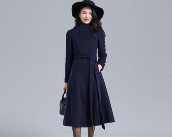 Wool Coat Women, Asymmetric Wool Coat, Belted Coat, Navy coat, Winter Warm wool coat, Long Wool Coat, Autumn Winter Outwear, Ylistyle C2460