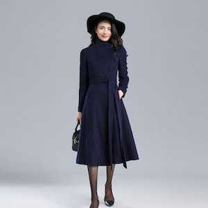 Wool Coat Women, Asymmetric Wool Coat, Belted Coat, Navy coat, Winter Warm wool coat, Long Wool Coat, Autumn Winter Outwear, Ylistyle C2460