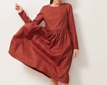 Robe en lin, robe midi en lin pour femme, robe ample en lin, robe grande taille, robe en lin orange, robe longue en lin, robe de printemps, ylistyle C3924