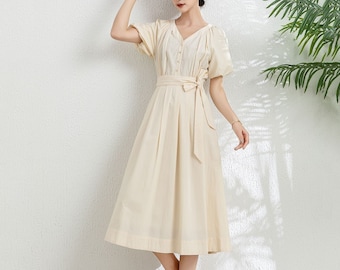 Women's V neck Midi Dress, Summer Apricot Long A-Line Dress, Puff Sleeve Dress, Party Dress, Swing Dress, Customized Dress, Ylistyle C3301