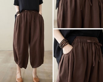 Brown linen pants women, Plus size pants, Elastic Waist pants, Loose fit pants with pockets, Spring pants, Mom Linen Pants, Ylistyle C3966