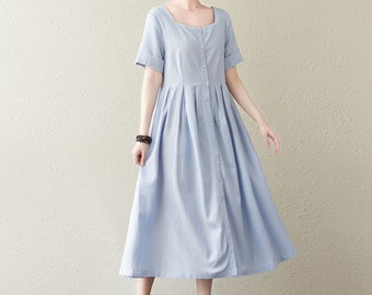 Blue linen dress, Button up Shirt dress, Summer midi dress, Plus size dress, Casual dress, Simple Linen dress, Women's Handmade Dress c2840