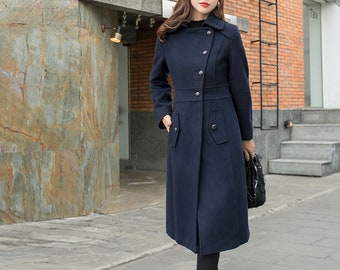 Navy Blue Winter Long Wool Coat Women, Fit and Flare Coat, Single Breasted Coat, Warm Ladies Trench Coat, Designer Wool Coat Ylistyle C2566