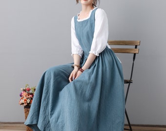 Blue Linen Dress, Linen Midi dress, Handmade Pleated Swing Midi Linen Dress, Modest Linen Dress, Linen Princess Dress, Costume dress C2313