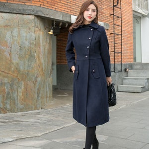 Navy Blue Winter Long Wool Coat Women, Fit and Flare Coat, Single Breasted Coat, Warm Ladies Trench Coat, Designer Wool Coat Ylistyle C2566