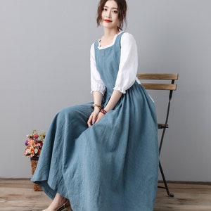 Blue Linen Dress, Linen Midi dress, Handmade Pleated Swing Midi Linen Dress, Modest Linen Dress, Linen Princess Dress, Costume dress C2313