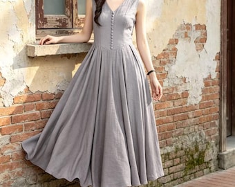 Grey Linen Midi Dress, Sleeveless V Neck Swing Dress, Fit and Flare Dress, Button Front Summer Dress, Custom Dress, Ylistyle  C5617