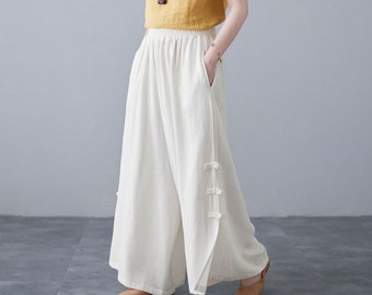 Vintage Inspired Wide Leg Linen Pants, Women's Summer Baggy Cotton Linen Culottes, Cropped Linen Slacks, Elastic Linen Palazzo Pants  C2123