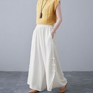 Vintage Inspired Wide Leg Linen Pants, Women&#39;s Summer Baggy Cotton Linen Culottes, Cropped Linen Slacks, Elastic Linen Palazzo Pants  C2123