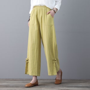 Yellow Wide Leg Linen Pants, High-Rise Pull-On Linen Pants For Women, Plus size Linen Palazzo Pants, Summer Straight Long Linen Pants C1859