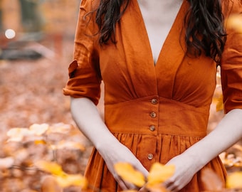 Women's Spring Linen Midi Dress - French Minimalist Cotton-Linen Dress, Casual Orange Cottagecore Dress, Boho date Dress, Ylistyle C3777