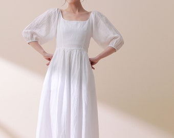 Puffy Sleeve Midi-Dress, White maxi Linen dress, Bridesmaid Dress, Cottagecore dress, Wedding Guest Dress, Simple Wedding Dress C1775