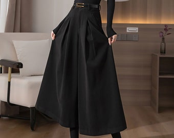 Long Palazzo Wool Pants, Black Wide Leg Pants Women, High Waist Pants, Custom Wool Pants, Autumn and Winter Trousers, Ylistyle C3144#