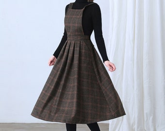 Plaid Wool Dress, Wool Pinafore Dress, Pleated wool Dress, Wool dress women, Winter dress women, Midi wool dress, Handmade dress C2634