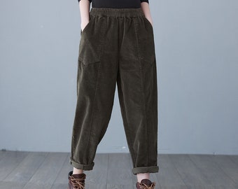 Corduroy pants, High Waisted Pants, Green Corduroy pants, Womens Loose pants, Plus size Corduroy Pants, Custom Pants, Ylistyle C2624