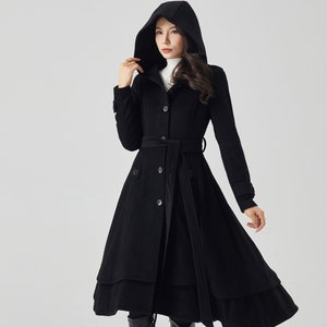 Black Wool Coat Women, Long Belted Coat, Single Breasted Black Wool Coat Women, Long Belted Coat, Single Breasted