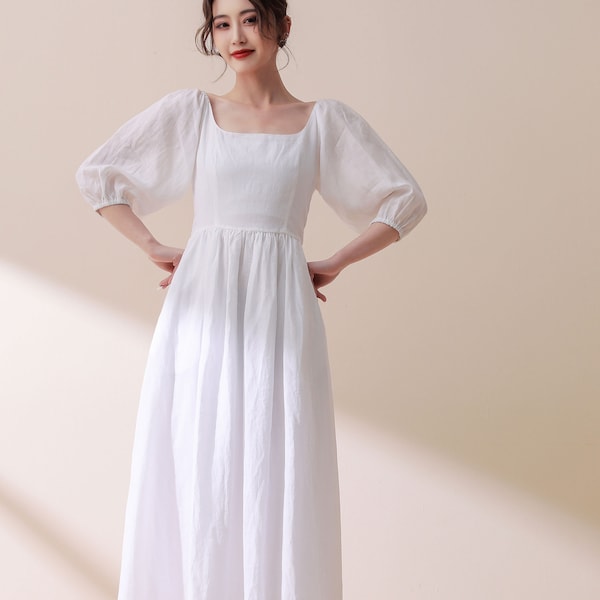 Puffy Sleeve Midi-Dress, White maxi Linen dress, Bridesmaid Dress, Cottagecore dress, Wedding Guest Dress, Simple Wedding Dress C1775