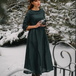 Green Linen dress, Linen maxi dress, Linen dress with ruffle, Modest linen dress, Womens Long Linen dress, Handmade dress, ylistyle C4164