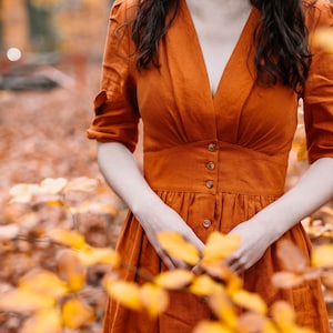 Linen Dress, Midi Linen Dress, Deep V Neck Linen Party Dress, Button Front Dress, Womens Linen Dress, Customized Linen Dress, Ylistyle C3777 Orange