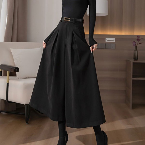 Long Palazzo Wool Pants, Black Wide Leg Pants Women, High Waist Pants, Custom Wool Pants, Autumn and Winter Trousers, Ylistyle C3144#