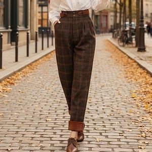 Plaid Wool Wide Leg Pants: High Waist Autumn Trousers, Ylistyle C5249