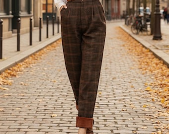 Plaid Wool Wide Leg Pants: High Waist Autumn Trousers, Ylistyle C5249