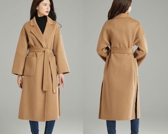 Long sleeve wool coat in brown, Winter Warm Coat, Wool Wrap Coat, Belted Wool Coat, C2999#