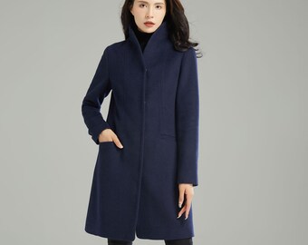 Women's Stand-collar Coat Dark Blue Wool Short Jacket, Warm Women's Stand-collar Coat Dark Blue Wool Short Jacket, Warm