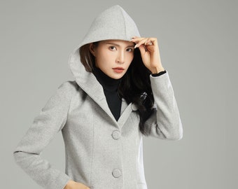 Winter Hooded Wool Coat, Gray Wool Jacket, Womens Coats, Warm Jackets, Casual Coat, Mod Clothing, Handmade Coat, Ylistyle C2990#