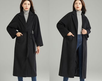 Women's Winter Belted Coat Black Wool Long Jacket, Wool Wrap Coat, Winter coat women, Belted Wool Coat, Warm wool coat, Ylistyle C3002#