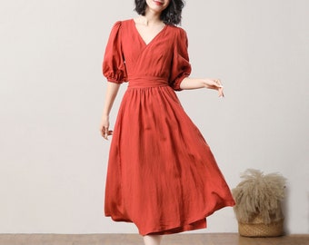驚きの値段 Linen Orange Dress, Linen Dress, Dress Wrap Linen Women's ワンピース
