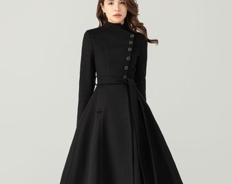 Schwarzer Wollmantel, Langer Wollmantel, Winter Wollmantel Frauen, Asymmetrischer Wollmantel, Wickel-Wollmantel, Gürtelmantel, Benutzerdefinierte Wollmantel, Ylistyle C3706