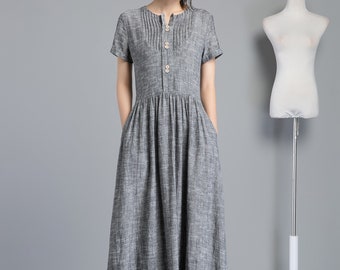 Linen dress, Long linen dress, Gray linen dress for summer, Maxi Linen dress with pleated & buttons, Casual dress, handmade dress C1252