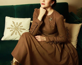 Wool Dress, Winter Dress Women, Fit and Flare Dress, Dress with Pockets, Long Sleeves Dress, Midi Wool Dress, Handmade Dress, Ylistyle C3839