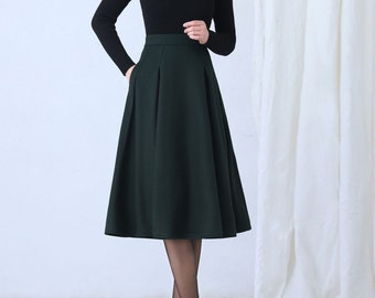 A Line Wool Skirt Women, Pleated Midi wool Skirt, High Waist wool Skirt with Pockets, Warm Winter Skirt Women, Custom wool skirt C2633