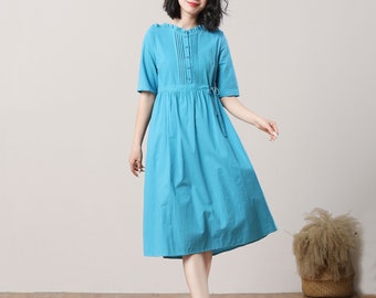 Summer Dress, Women's Blue Linen Dress, A-Line Linen Dress, Midi Linen Dress, Swing Dress, Custom Dress, Long Dress, Ylistyle C3288