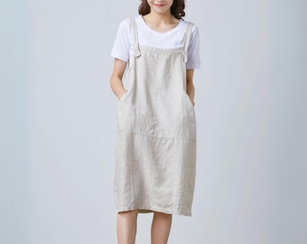 Linen Back Dress Women, Solid Casual Back dress, Linen midi back dress, Back dress with pockets, Loose fit Dress, Summer Back Dress C1675