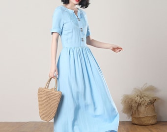 Pleated Linen Dress, Plus size Linen Maxi dress, Blue Comfortable dress, Loose-Fitted Layered Short-Sleeved Dress, Summer Dress C3266