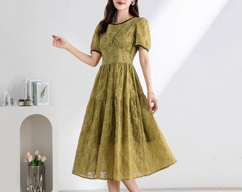 Robe mi-longue, Robe d'été pour femmes, Dreen verte, Robe à manches bouffantes, Robe A-Line, Robe Swing, Robe faite à la main, Robe personnalisée, Ylistyle C3318