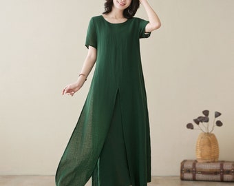 Green linen dress, Summer split dress, Short sleeve maxi linen dress for women, Casual dress with pockets, Plus size dress, ylistyle C3949