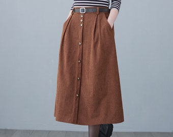 Button Down Corduroy Skirt Women, A Line Corduroy Skirt with Pockets, Womens skirt, Plus Size Skirt, Spring autumn skirt, Ylistyle C2618