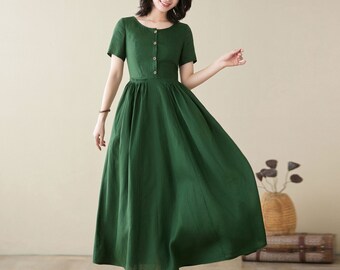 Linen midi Dress, Button Front Dress, Fit and flare dress women, Green Pleated dress, Summer Swing Dress, Custom Dress, Ylistyle C3950