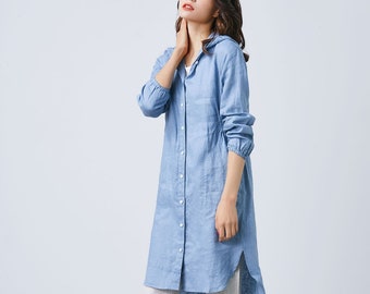 Blue Linen shirt, Casual shirt coat, Long sleeve Linen tunic shirt, Loose Linen shirt, Linen midi shirt, simple linen shirt, Ylistyle C1672