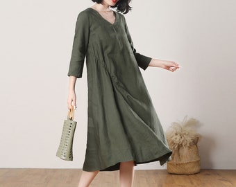 Linen Midi Dress, Army Green Midi Dress, Women's Linen Dress, Drawstring Dress, Half Sleeve Dress, Casual Linen Dress, Handmade Dress C3265