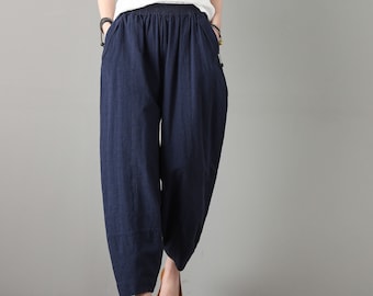 Women Casual Elastic Waist linen Pants, Soft Casual Loose Large Size Boho Trousers Wide Leg Pant Customized Plus Size Linen Pants C1806