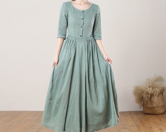 Robe en lin vert, robe en lin d’été pour femmes, robe à demi-manches, robe avant bouton, robe swing, robe maxi en lin, robe personnalisée C3275