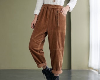 Pantalon décontracté marron en velours côtelé pour femme, pantalon long, pantalon grande taille, pantalon ample pour femme, sarouel automne hiver en velours côtelé C2426