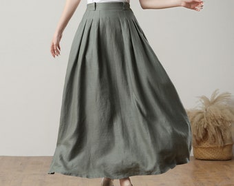 linen skirt, linen maxi skirt, A line skirt, casual Linen skirt, swing skirt, green linen skirt, womens skirt, Ylistyle c3231