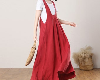 Red Pinafore Dress, Linen dress, Loose-Fitting Cool Long Red Dress, Maxi Linen Summer Suspender Dress, Plus Size Clothing, Ylistyle C3270